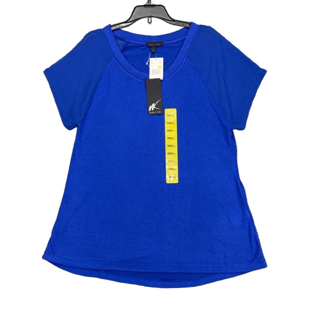 NEW West Kei Women's Size S Relaxed Fit Blue Top Shirt Rayon Blend Short Sleeve
